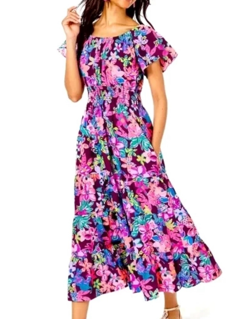 Lilly Pulitzer Purple Floral Off-Shoulder Midi Dress